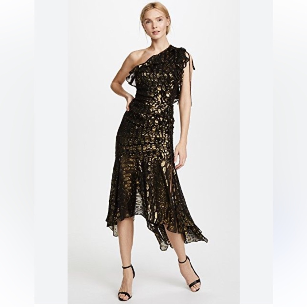 $695. Veronica Beard Leighton One Shoulder Dress. Black & Metallic Gold.